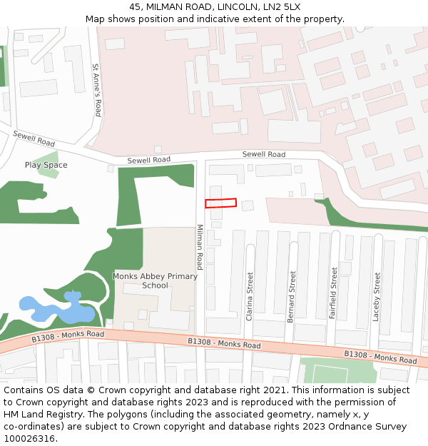 45, MILMAN ROAD, LINCOLN, LN2 5LX: Location map and indicative extent of plot