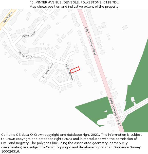 45, MINTER AVENUE, DENSOLE, FOLKESTONE, CT18 7DU: Location map and indicative extent of plot