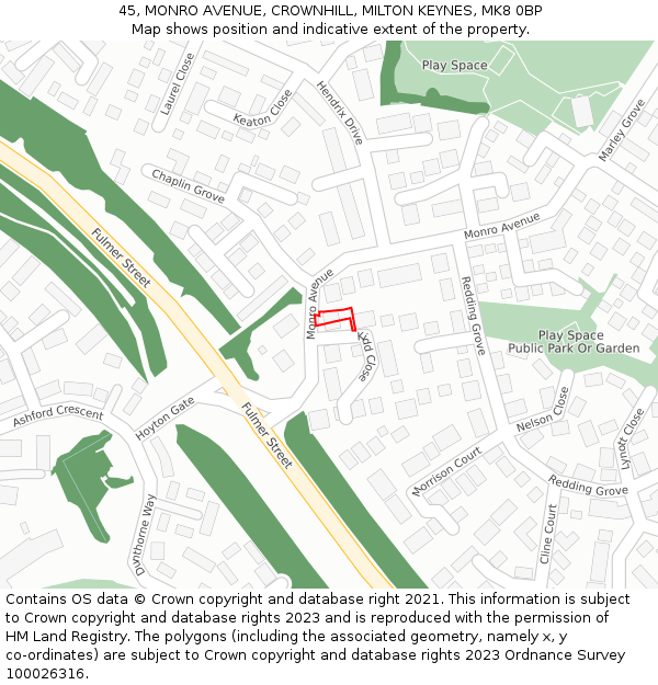 45, MONRO AVENUE, CROWNHILL, MILTON KEYNES, MK8 0BP: Location map and indicative extent of plot