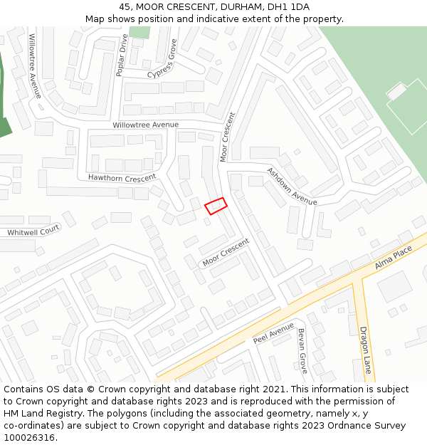 45, MOOR CRESCENT, DURHAM, DH1 1DA: Location map and indicative extent of plot