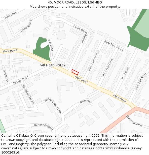 45, MOOR ROAD, LEEDS, LS6 4BG: Location map and indicative extent of plot