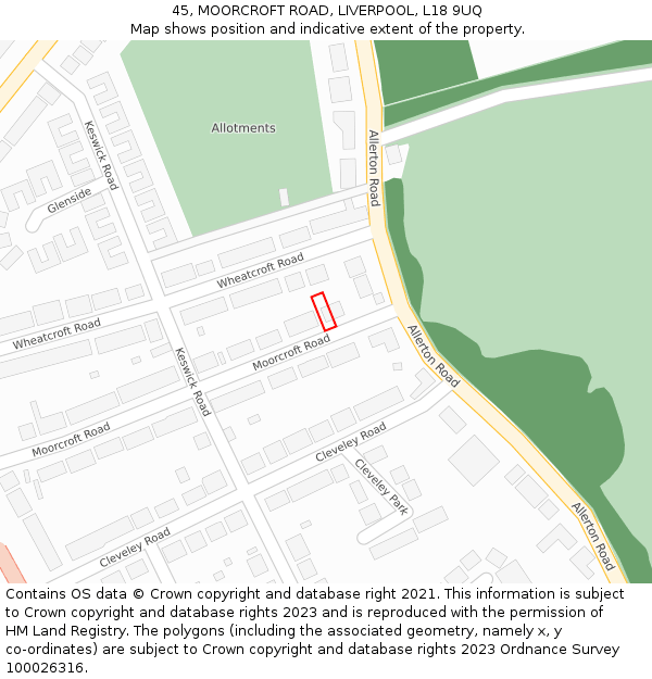 45, MOORCROFT ROAD, LIVERPOOL, L18 9UQ: Location map and indicative extent of plot