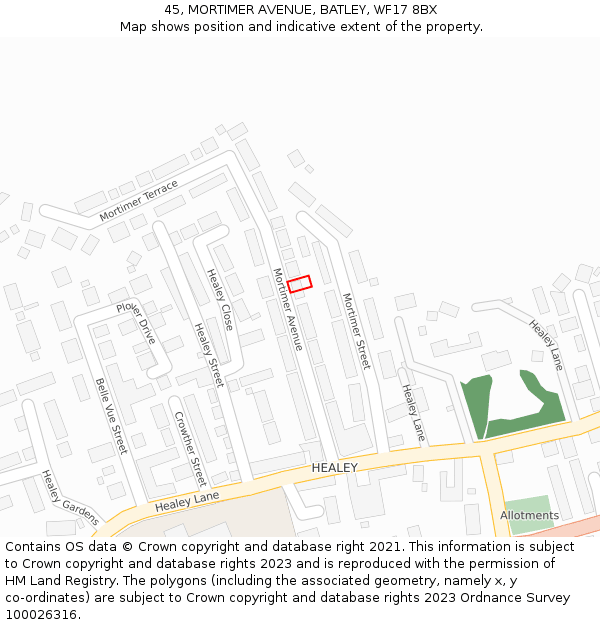 45, MORTIMER AVENUE, BATLEY, WF17 8BX: Location map and indicative extent of plot