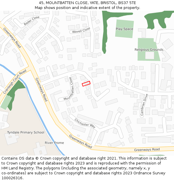 45, MOUNTBATTEN CLOSE, YATE, BRISTOL, BS37 5TE: Location map and indicative extent of plot