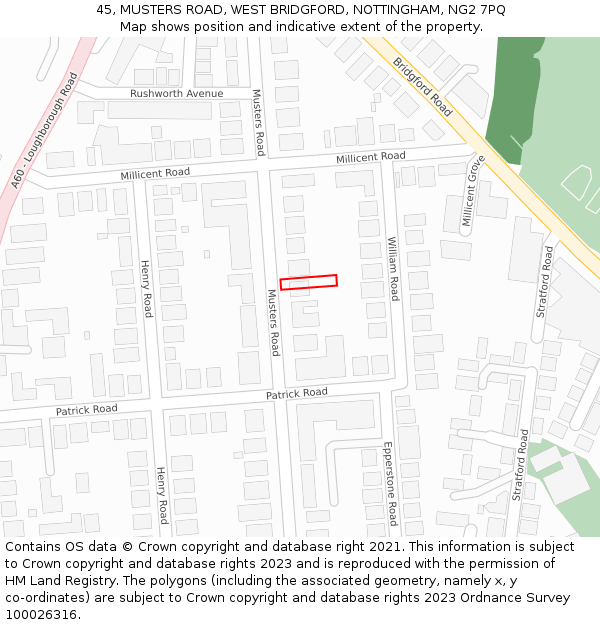 45, MUSTERS ROAD, WEST BRIDGFORD, NOTTINGHAM, NG2 7PQ: Location map and indicative extent of plot