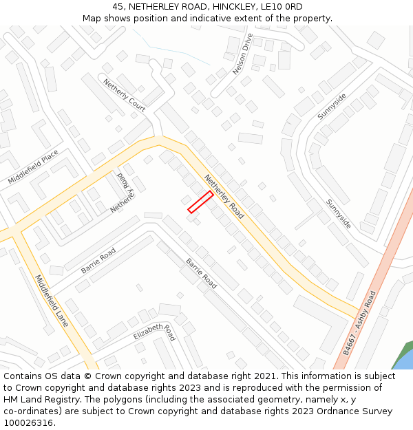 45, NETHERLEY ROAD, HINCKLEY, LE10 0RD: Location map and indicative extent of plot