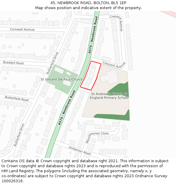 45, NEWBROOK ROAD, BOLTON, BL5 1EP: Location map and indicative extent of plot