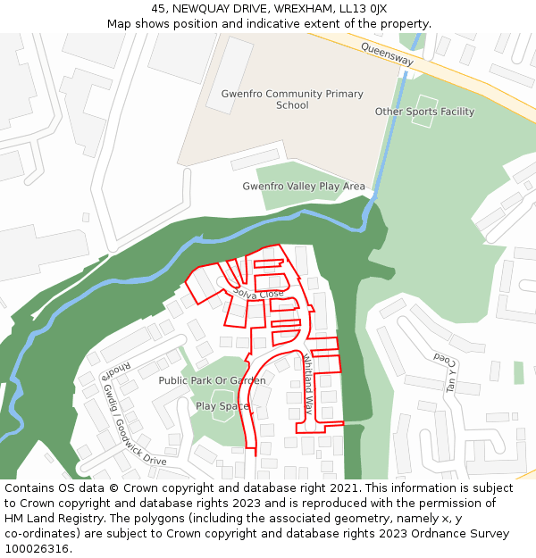 45, NEWQUAY DRIVE, WREXHAM, LL13 0JX: Location map and indicative extent of plot