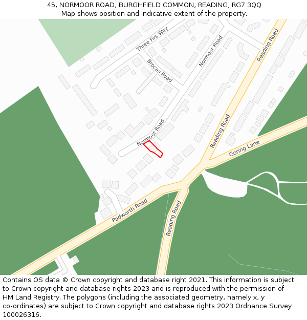 45, NORMOOR ROAD, BURGHFIELD COMMON, READING, RG7 3QQ: Location map and indicative extent of plot