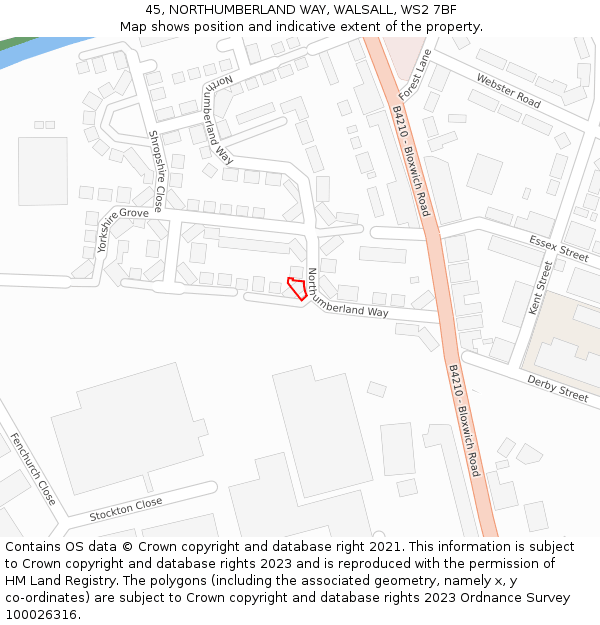 45, NORTHUMBERLAND WAY, WALSALL, WS2 7BF: Location map and indicative extent of plot