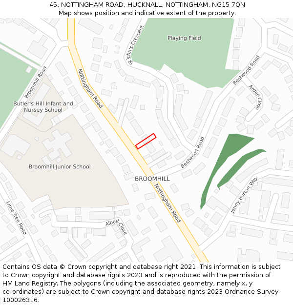 45, NOTTINGHAM ROAD, HUCKNALL, NOTTINGHAM, NG15 7QN: Location map and indicative extent of plot
