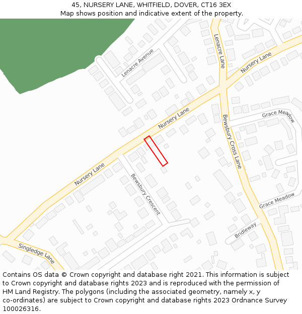 45, NURSERY LANE, WHITFIELD, DOVER, CT16 3EX: Location map and indicative extent of plot