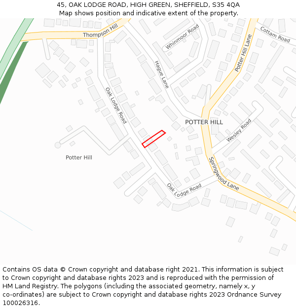 45, OAK LODGE ROAD, HIGH GREEN, SHEFFIELD, S35 4QA: Location map and indicative extent of plot