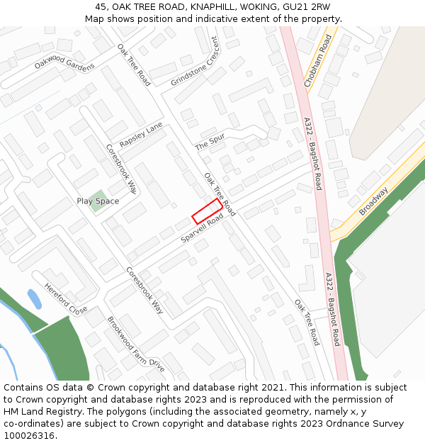 45, OAK TREE ROAD, KNAPHILL, WOKING, GU21 2RW: Location map and indicative extent of plot