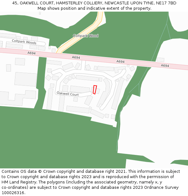 45, OAKWELL COURT, HAMSTERLEY COLLIERY, NEWCASTLE UPON TYNE, NE17 7BD: Location map and indicative extent of plot