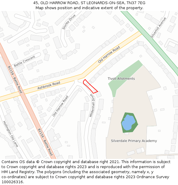 45, OLD HARROW ROAD, ST LEONARDS-ON-SEA, TN37 7EG: Location map and indicative extent of plot