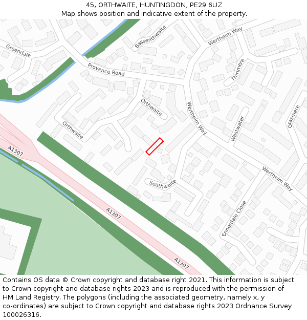 45, ORTHWAITE, HUNTINGDON, PE29 6UZ: Location map and indicative extent of plot