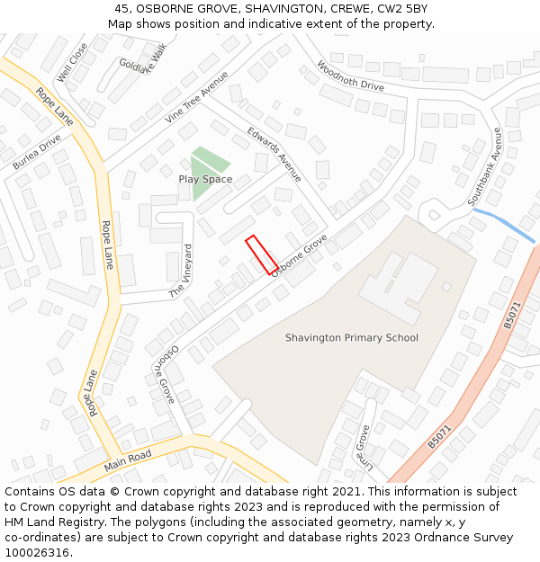 45, OSBORNE GROVE, SHAVINGTON, CREWE, CW2 5BY: Location map and indicative extent of plot