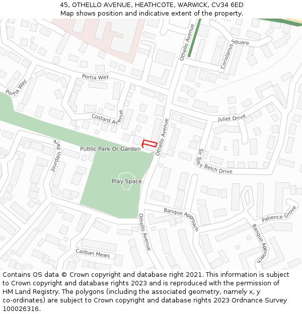 45, OTHELLO AVENUE, HEATHCOTE, WARWICK, CV34 6ED: Location map and indicative extent of plot