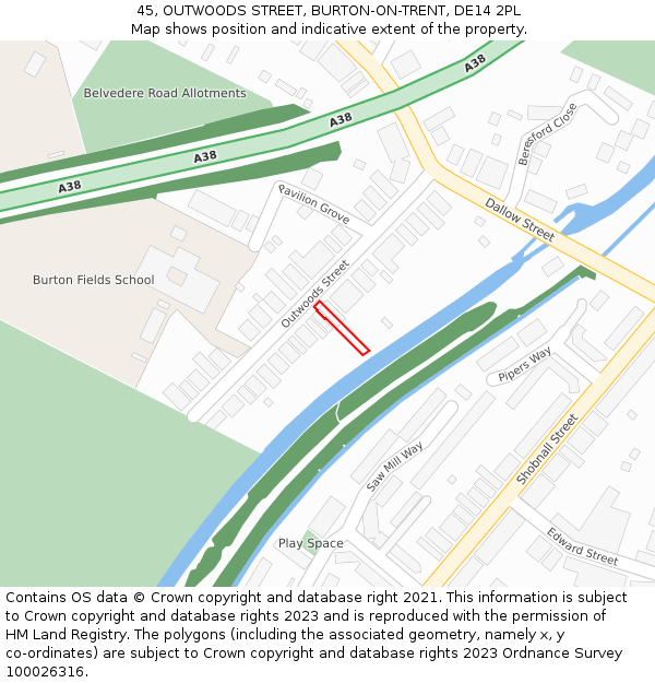 45, OUTWOODS STREET, BURTON-ON-TRENT, DE14 2PL: Location map and indicative extent of plot