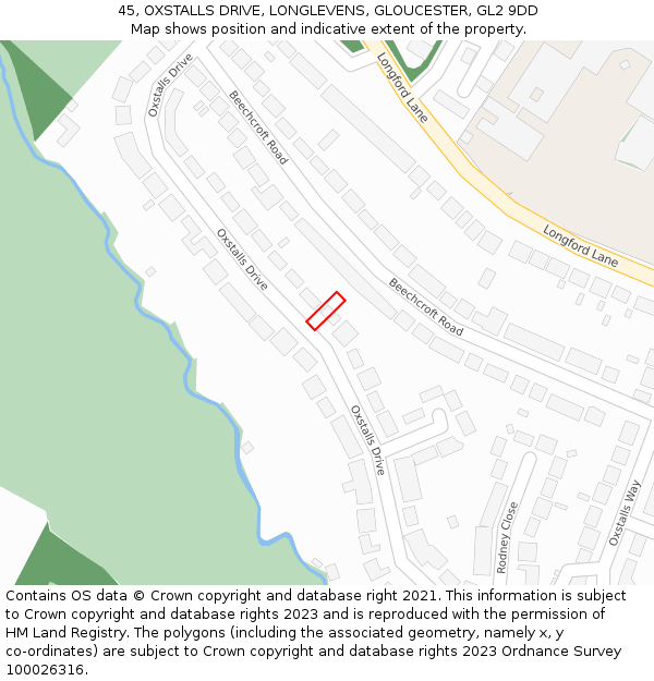 45, OXSTALLS DRIVE, LONGLEVENS, GLOUCESTER, GL2 9DD: Location map and indicative extent of plot