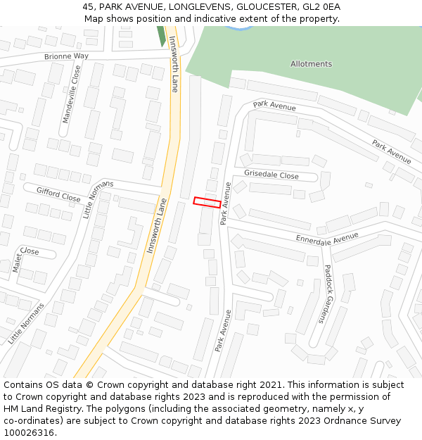 45, PARK AVENUE, LONGLEVENS, GLOUCESTER, GL2 0EA: Location map and indicative extent of plot