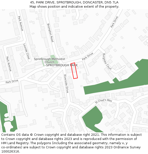 45, PARK DRIVE, SPROTBROUGH, DONCASTER, DN5 7LA: Location map and indicative extent of plot