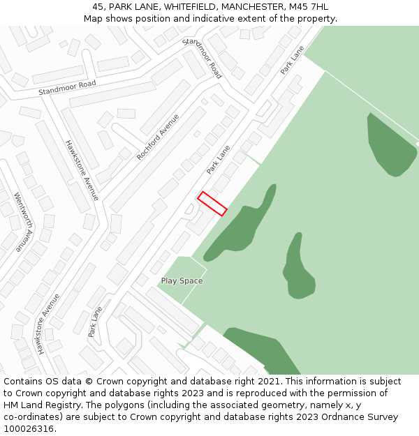 45, PARK LANE, WHITEFIELD, MANCHESTER, M45 7HL: Location map and indicative extent of plot