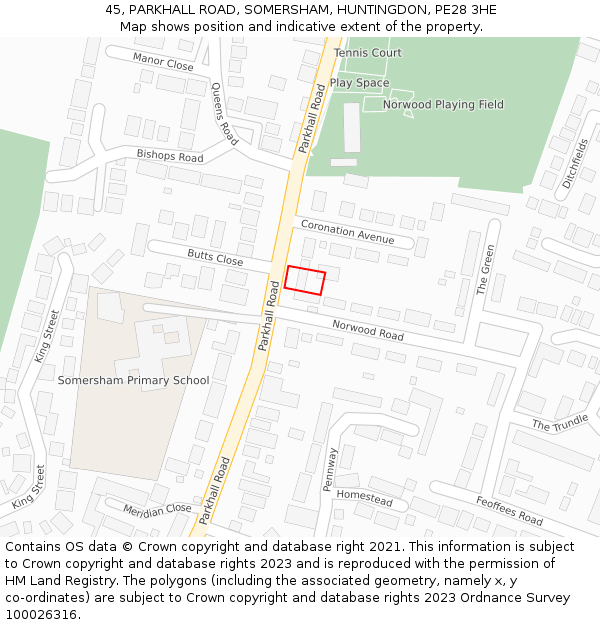 45, PARKHALL ROAD, SOMERSHAM, HUNTINGDON, PE28 3HE: Location map and indicative extent of plot