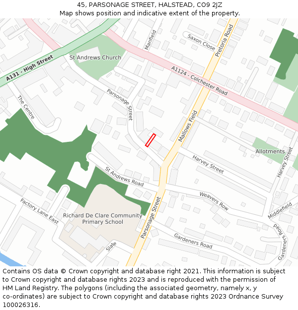 45, PARSONAGE STREET, HALSTEAD, CO9 2JZ: Location map and indicative extent of plot