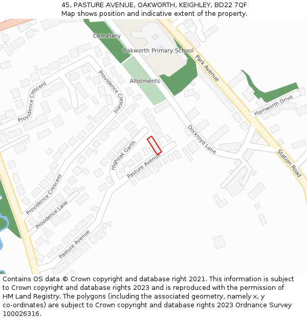 45, PASTURE AVENUE, OAKWORTH, KEIGHLEY, BD22 7QF: Location map and indicative extent of plot