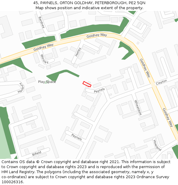 45, PAYNELS, ORTON GOLDHAY, PETERBOROUGH, PE2 5QN: Location map and indicative extent of plot