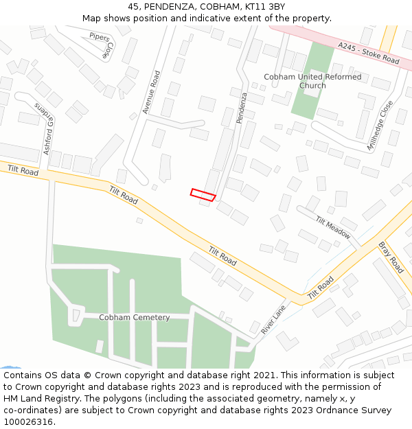 45, PENDENZA, COBHAM, KT11 3BY: Location map and indicative extent of plot