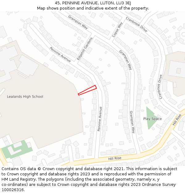 45, PENNINE AVENUE, LUTON, LU3 3EJ: Location map and indicative extent of plot