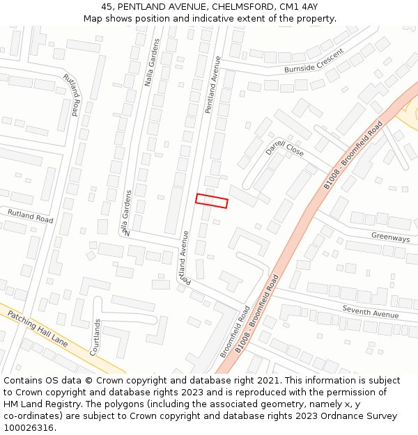 45, PENTLAND AVENUE, CHELMSFORD, CM1 4AY: Location map and indicative extent of plot