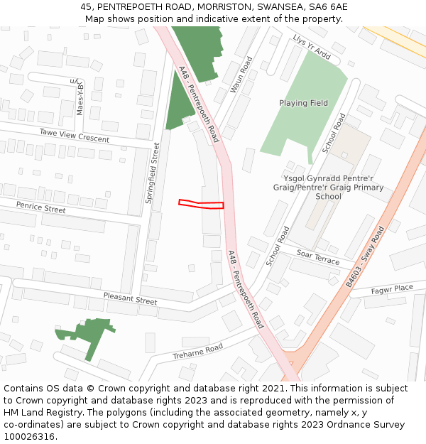 45, PENTREPOETH ROAD, MORRISTON, SWANSEA, SA6 6AE: Location map and indicative extent of plot