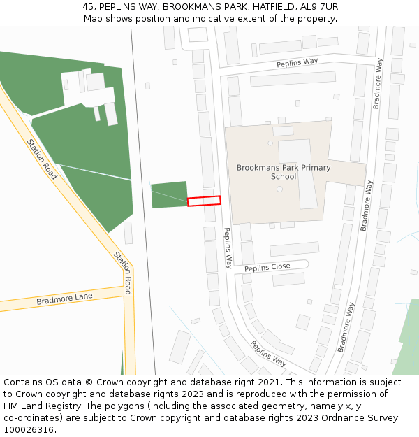 45, PEPLINS WAY, BROOKMANS PARK, HATFIELD, AL9 7UR: Location map and indicative extent of plot