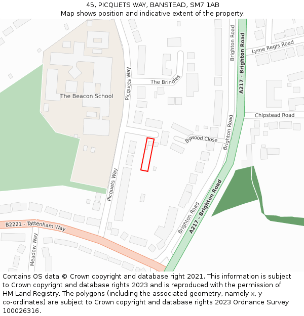 45, PICQUETS WAY, BANSTEAD, SM7 1AB: Location map and indicative extent of plot