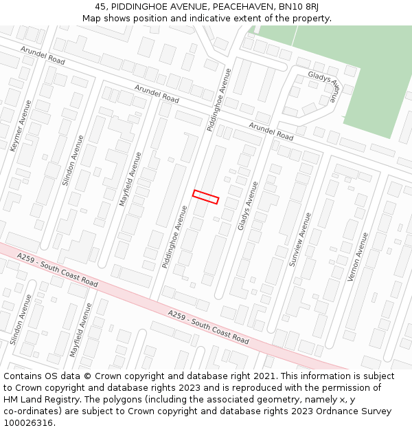 45, PIDDINGHOE AVENUE, PEACEHAVEN, BN10 8RJ: Location map and indicative extent of plot