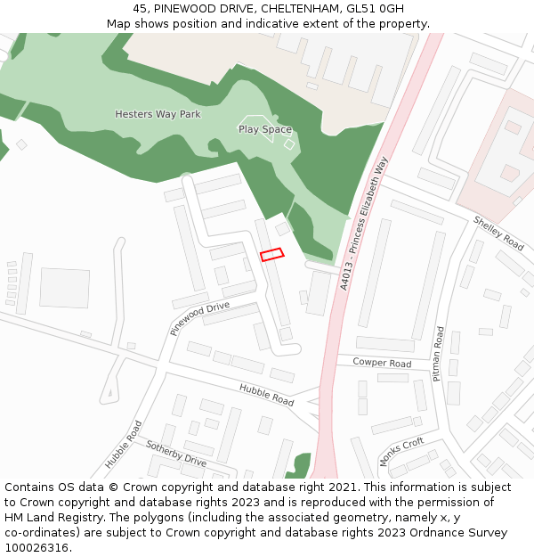45, PINEWOOD DRIVE, CHELTENHAM, GL51 0GH: Location map and indicative extent of plot