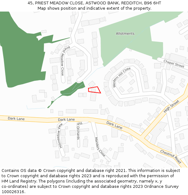 45, PRIEST MEADOW CLOSE, ASTWOOD BANK, REDDITCH, B96 6HT: Location map and indicative extent of plot