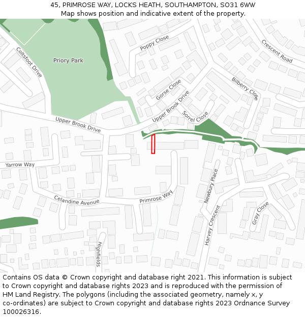 45, PRIMROSE WAY, LOCKS HEATH, SOUTHAMPTON, SO31 6WW: Location map and indicative extent of plot