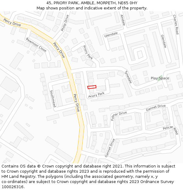 45, PRIORY PARK, AMBLE, MORPETH, NE65 0HY: Location map and indicative extent of plot