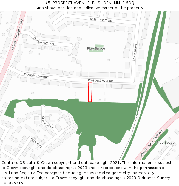 45, PROSPECT AVENUE, RUSHDEN, NN10 6DQ: Location map and indicative extent of plot