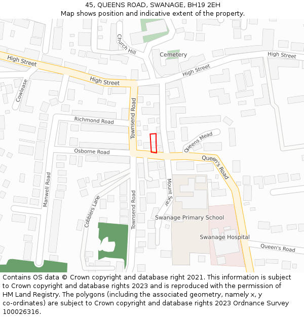 45, QUEENS ROAD, SWANAGE, BH19 2EH: Location map and indicative extent of plot
