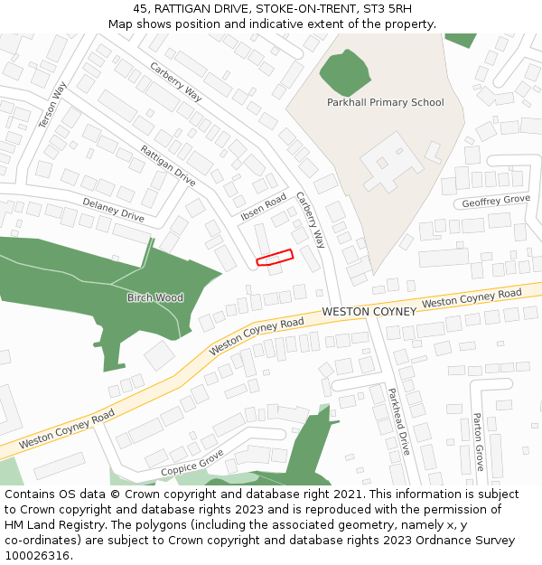 45, RATTIGAN DRIVE, STOKE-ON-TRENT, ST3 5RH: Location map and indicative extent of plot
