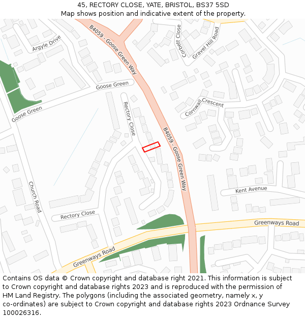 45, RECTORY CLOSE, YATE, BRISTOL, BS37 5SD: Location map and indicative extent of plot