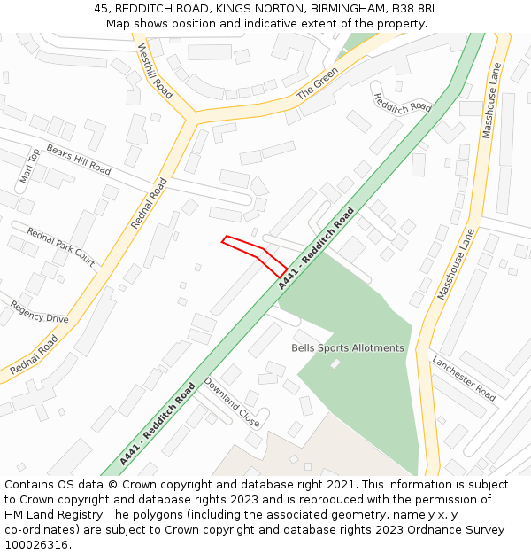 45, REDDITCH ROAD, KINGS NORTON, BIRMINGHAM, B38 8RL: Location map and indicative extent of plot