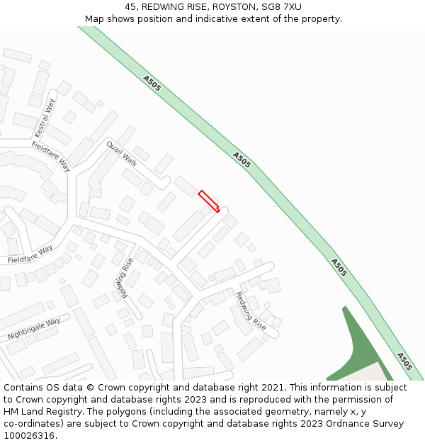 45, REDWING RISE, ROYSTON, SG8 7XU: Location map and indicative extent of plot