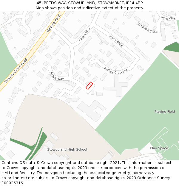 45, REEDS WAY, STOWUPLAND, STOWMARKET, IP14 4BP: Location map and indicative extent of plot